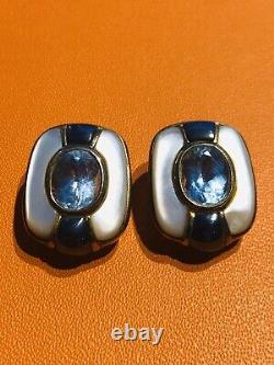 Vintage Sterling Silver Vermeil Hematite Aquamarine Mother of Pearl Earrings