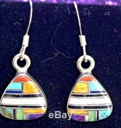 Vintage Sterling Silver Zuni Earrings Designer Signed VC Opal Onyx Turquoise Inl
