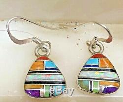 Vintage Sterling Silver Zuni Earrings Designer Signed VC Opal Onyx Turquoise Inl