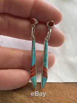 Vintage Sterling Silver Zuni Turquoise Coral Inlay Dangle Pierced Earrings
