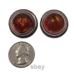 Vintage Sterling Silver and Golden Orange Amber Clip-On Earrings