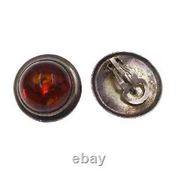 Vintage Sterling Silver and Golden Orange Amber Clip-On Earrings