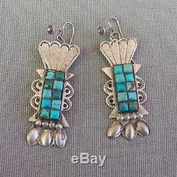 Vintage Sterling Square Raised Chanel Inlay Turquoise Pierced Dangle Earrings