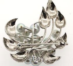 Vintage Sterling silver 5.2 to 7.5mm pearl floral ring/earrings/brooch set