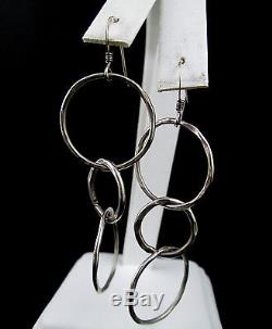 Vintage Studio Made Hammered Sterling Silver Circles Long Dangle Earrings 2.5