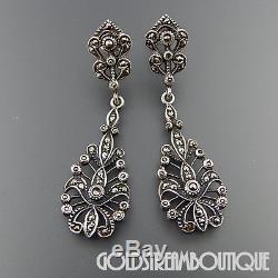 Vintage Stunning Sterling Silver Marcasite Art Deco Ornate Post Dangle Earrings