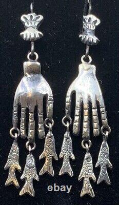 Vintage Style Mexican Sterling Silver Hand Fish Charm Earrings