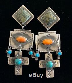 Vintage Style Navajo Sterling Silver Turquoise Spiny Oyster Cross Earrings