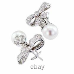 Vintage Style Ribbon Bow Earrings Solid 925 Sterling Silver Cultured Pearl & CZ