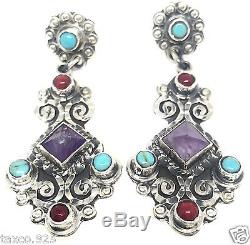 Vintage Style Taxco Mexican Sterling Silver Amethyst Turquoise Earrings Mexico