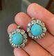 Vintage Style Turquoise Earrings Round Shape Halo Fine Cz 925 Sterling Silver
