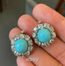Vintage Style Turquoise Earrings Round Shape Halo Fine CZ 925 Sterling Silver