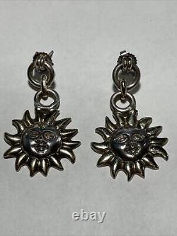 Vintage TOZTLI Mexico Sterling Silver & Gold Tone SUNFACE Earrings1 5/8 Tall