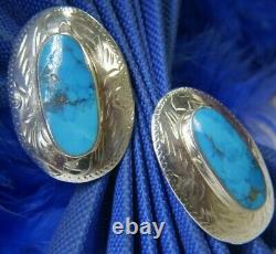 Vintage TURQUOISE oval 1 1/4 Sterling Silver 0.925 Post Pierced Earrings