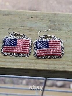 Vintage T Foree Pierced Dangle Earrings Sterling Silver American Flag Rare