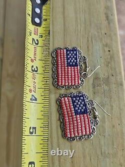 Vintage T Foree Pierced Dangle Earrings Sterling Silver American Flag Rare