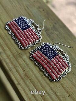 Vintage T Foree Pierced Dangle Earrings Sterling Silver American Flag Rare