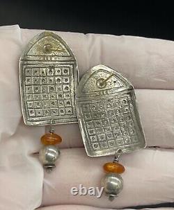 Vintage Tabra Earrings, Sterling Silver and Amber