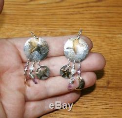 Vintage Tabra Moon & Stars Amethyst Points Pearls Sterling & Gold Hook Earrings