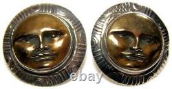 Vintage Tabra Sterling Silver Moon Face Earrings with 14K Gold Posts