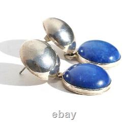 Vintage Taxco Lapis Lazuli Sterling Silver Dangle Earrings Large Domed Modernist