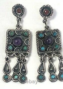 Vintage Taxco Mex Sterling Matl Style Amethyst Coral Turquoise Dangle Earrings