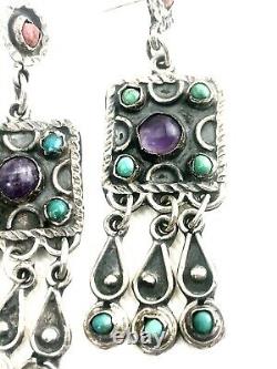 Vintage Taxco Mex Sterling Matl Style Amethyst Coral Turquoise Dangle Earrings
