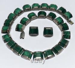 Vintage Taxco Mexican Deco Sterling Silver Malachite Necklace, Earrings Set