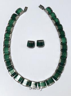 Vintage Taxco Mexican Deco Sterling Silver Malachite Necklace, Earrings Set
