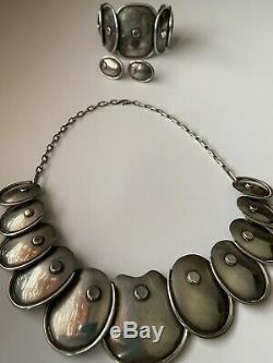Vintage Taxco Mexican Sterling Silver Set Necklace Cuff Earrings QUALITY