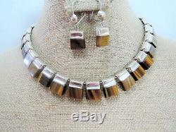 Vintage Taxco Mexico Sterling Eagle Mark Tigers Eye Collar Necklace & Earrings