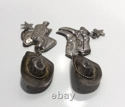 Vintage Taxco Mexico Sterling Silver Cowboy Rodeo Dangle Post Earrings