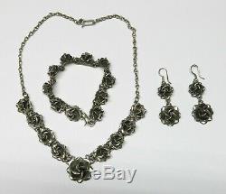 Vintage Taxco Mexico Sterling Silver Roses Set Necklace, Earrings & Bracelet