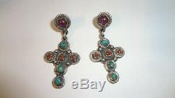 Vintage Taxco Mexico Turquoise Amethyst Coral Cross Sterling Silver Earrings