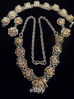 Vintage Taxco Mexico sterling silver Roses Necklace Bracelet Earrings 94gms