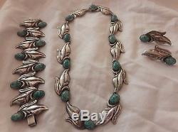 Vintage Taxco Sterling Silver Turquoise cabachon Necklace Bracelet Earrings Set