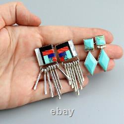 Vintage Taxco Turquoise 950 Sterling Silver Earrings Mexico Facet Cut Mexican