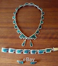 Vintage Taxco Tv-38 Mexican Sterling Silver 925 Set Necklace Bracelet Earrings