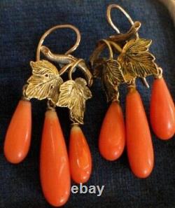 Vintage Teardrop Orange Coral Dangle Earring 14k Yellow Gold Over Coral Earring