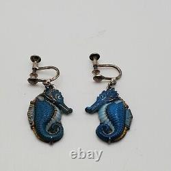 Vintage Toshikane Japan Arita Porcelain Sterling Silver Seahorse Dangle Earrings