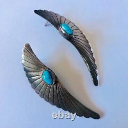 Vintage Turquoise Sterling Silver Earrings 2.5 Wings Large Signed Mexico Blue
