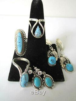 Vintage Turquoise & Sterling Silver Earrings & Rings, Lot of 5