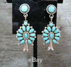 Vintage Turquoise + Sterling Silver Squash Blossom Earrings ZUNI Post Backs 2