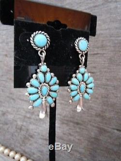 Vintage Turquoise + Sterling Silver Squash Blossom Earrings ZUNI Post Backs 2