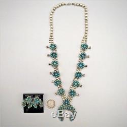 Vintage Turquoise & Sterling Silver Squash Blossom Necklace & Earring Set