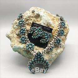 Vintage Turquoise & Sterling Silver Squash Blossom Necklace & Earring Set