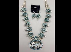 Vintage Turquoise & Sterling Silver Squash Blossom Necklace & Earring Set ZUNI