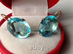 Vintage USSR Gilt Sterling Silver 875 Women Jewelry Earrings Huge Sky Blue Stone