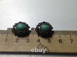 Vintage USSR Sterling Silver 875 Natural Turquoise Stone Fashion Womens Earrings