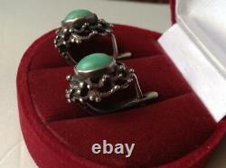 Vintage USSR Sterling Silver 875 Natural Turquoise Stone Fashion Womens Earrings